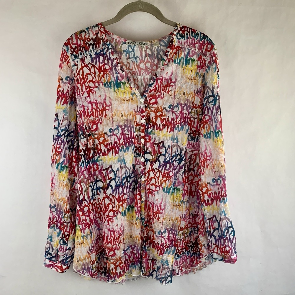 Sno Skins Mesh V Neck Button Up Top Medium Long Sleeve Colorful Artsy Sheer
